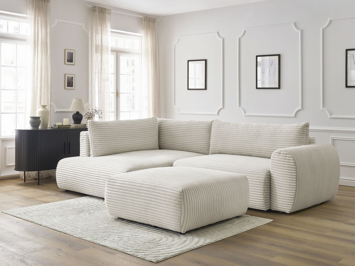 Canapé d'angle L convertible coffre LUCIEN gros côtelé doux avec pouf