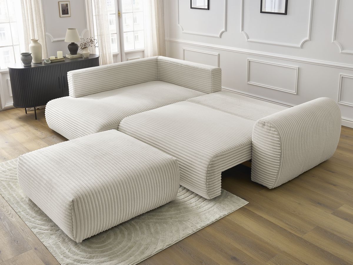 Canapé d'angle L convertible coffre LUCIEN gros côtelé doux avec pouf