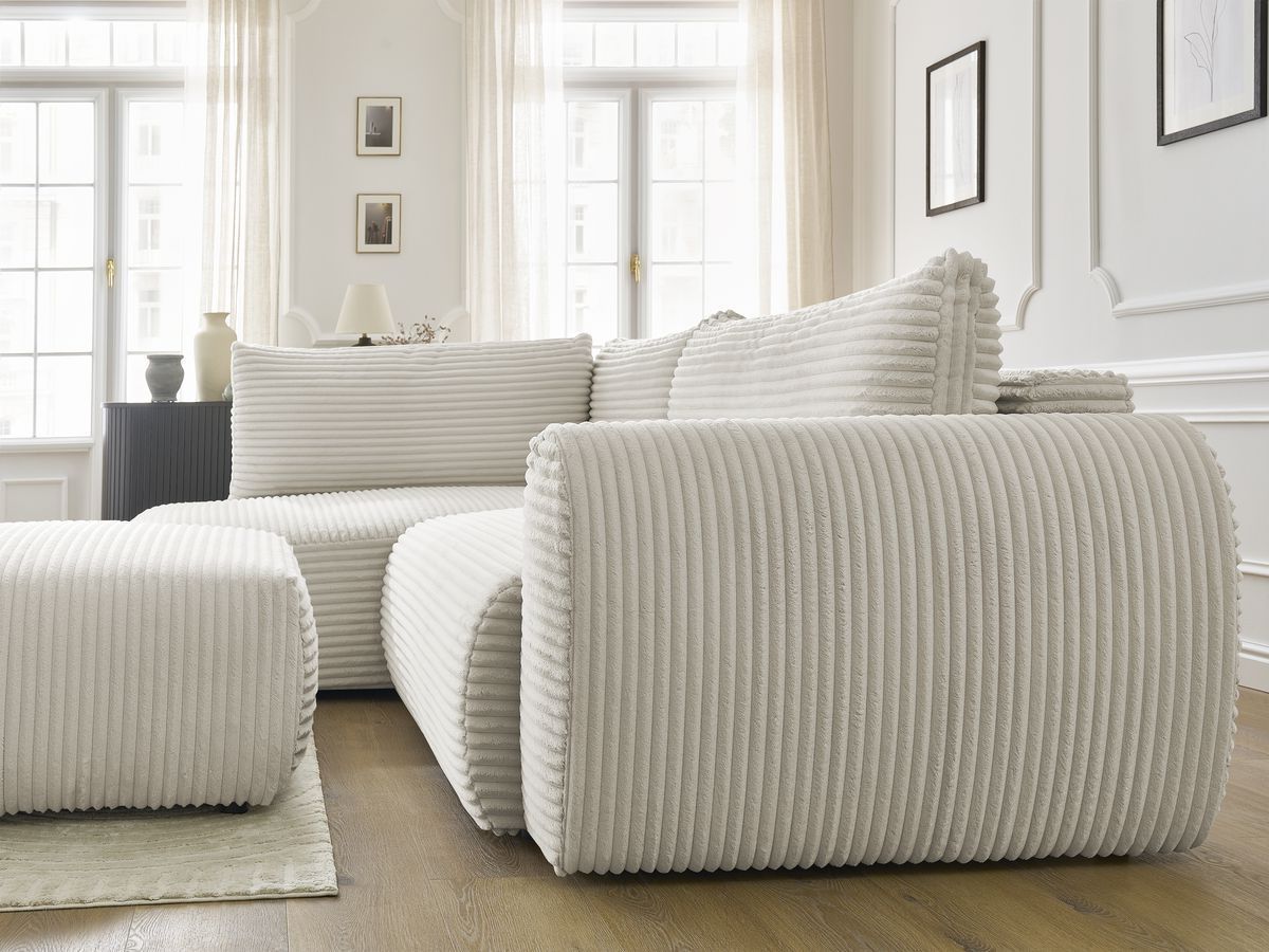 Canapé d'angle L convertible coffre LUCIEN gros côtelé doux avec pouf