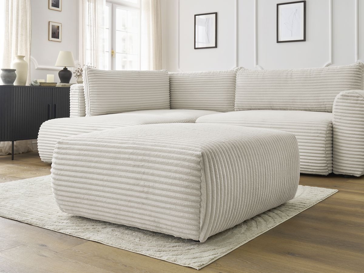 Canapé d'angle L convertible coffre LUCIEN gros côtelé doux avec pouf