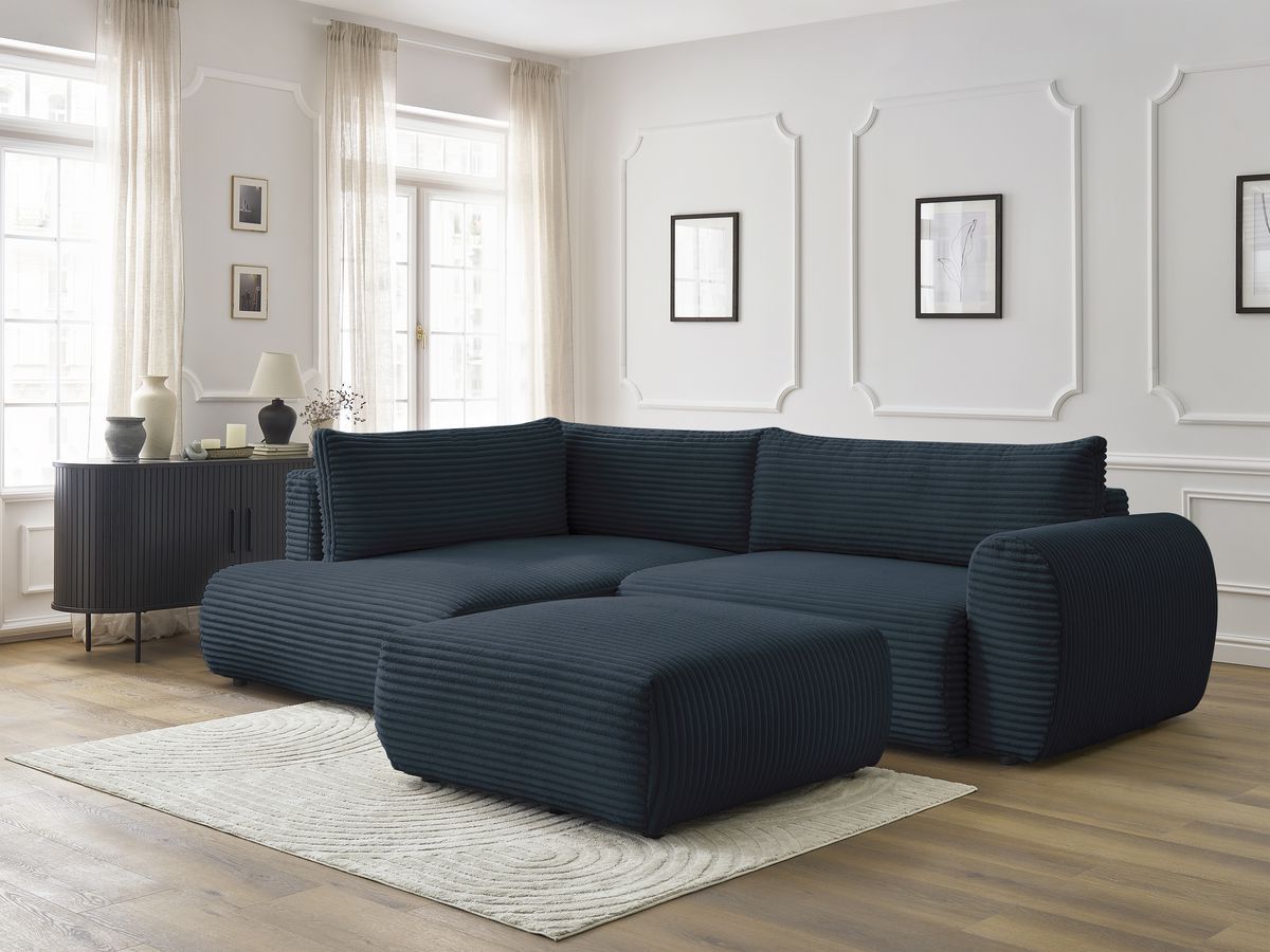 Canapé d'angle L convertible coffre LUCIEN gros côtelé doux avec pouf