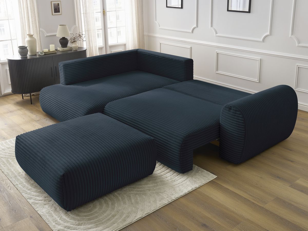 Canapé d'angle L convertible coffre LUCIEN gros côtelé doux avec pouf