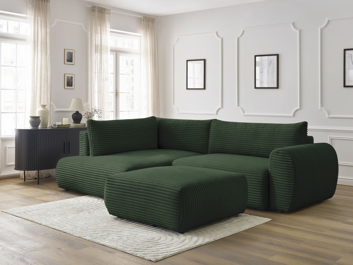 Canapé d'angle L convertible coffre LUCIEN gros côtelé doux avec pouf