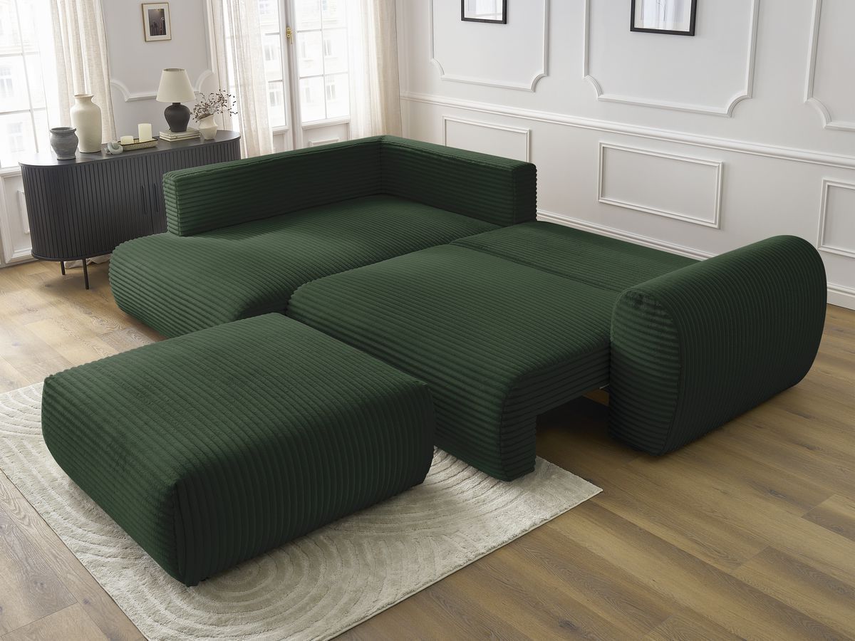 Canapé d'angle L convertible coffre LUCIEN gros côtelé doux avec pouf