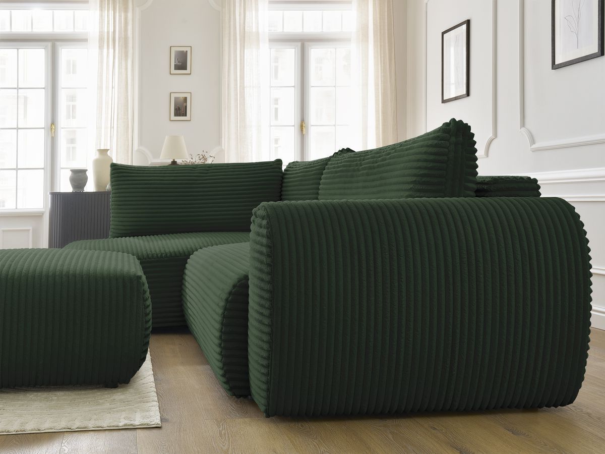 Canapé d'angle L convertible coffre LUCIEN gros côtelé doux avec pouf
