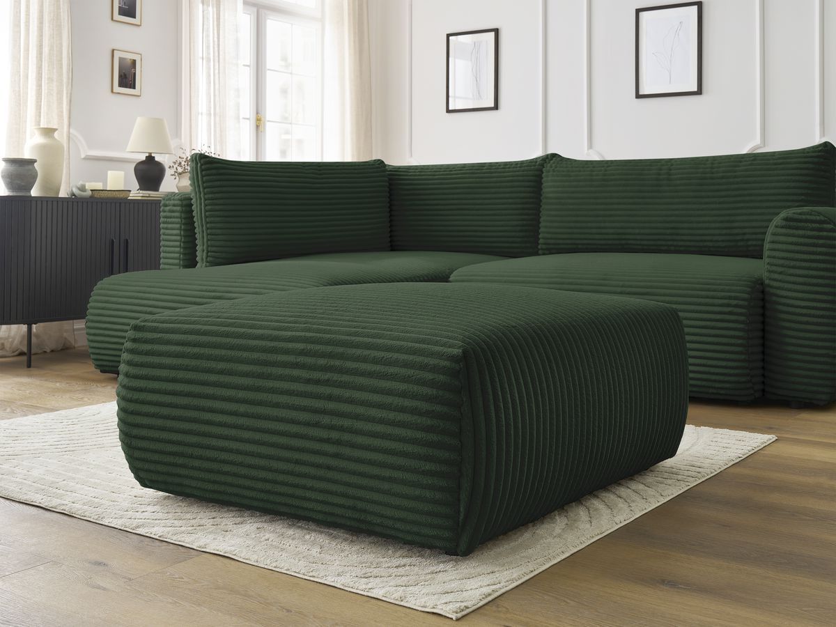 Canapé d'angle L convertible coffre LUCIEN gros côtelé doux avec pouf