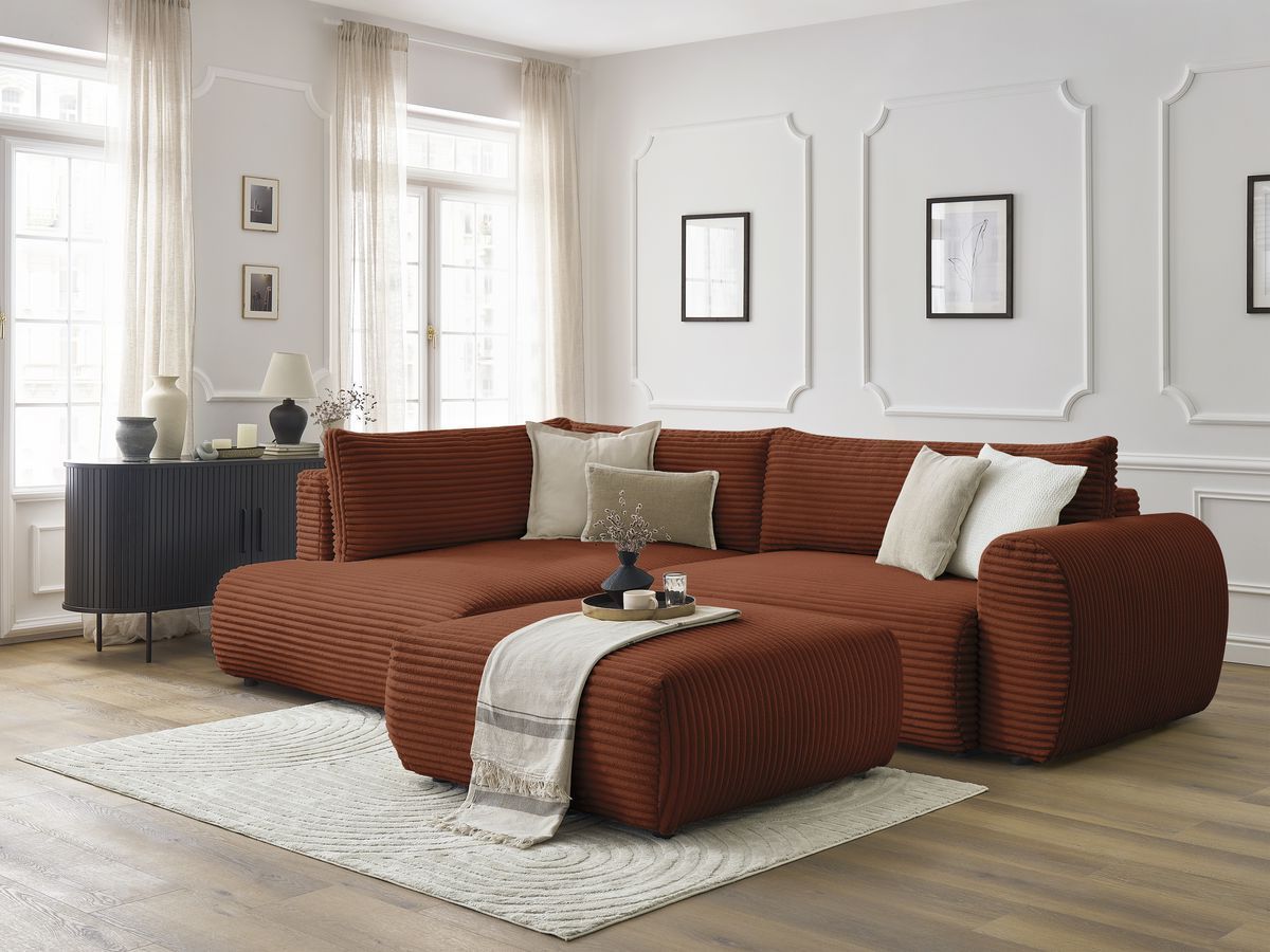 Canapé d'angle L convertible coffre LUCIEN gros côtelé doux avec pouf