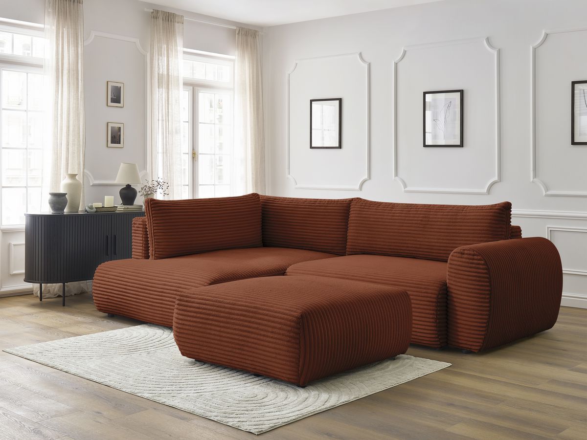 Canapé d'angle L convertible coffre LUCIEN gros côtelé doux avec pouf