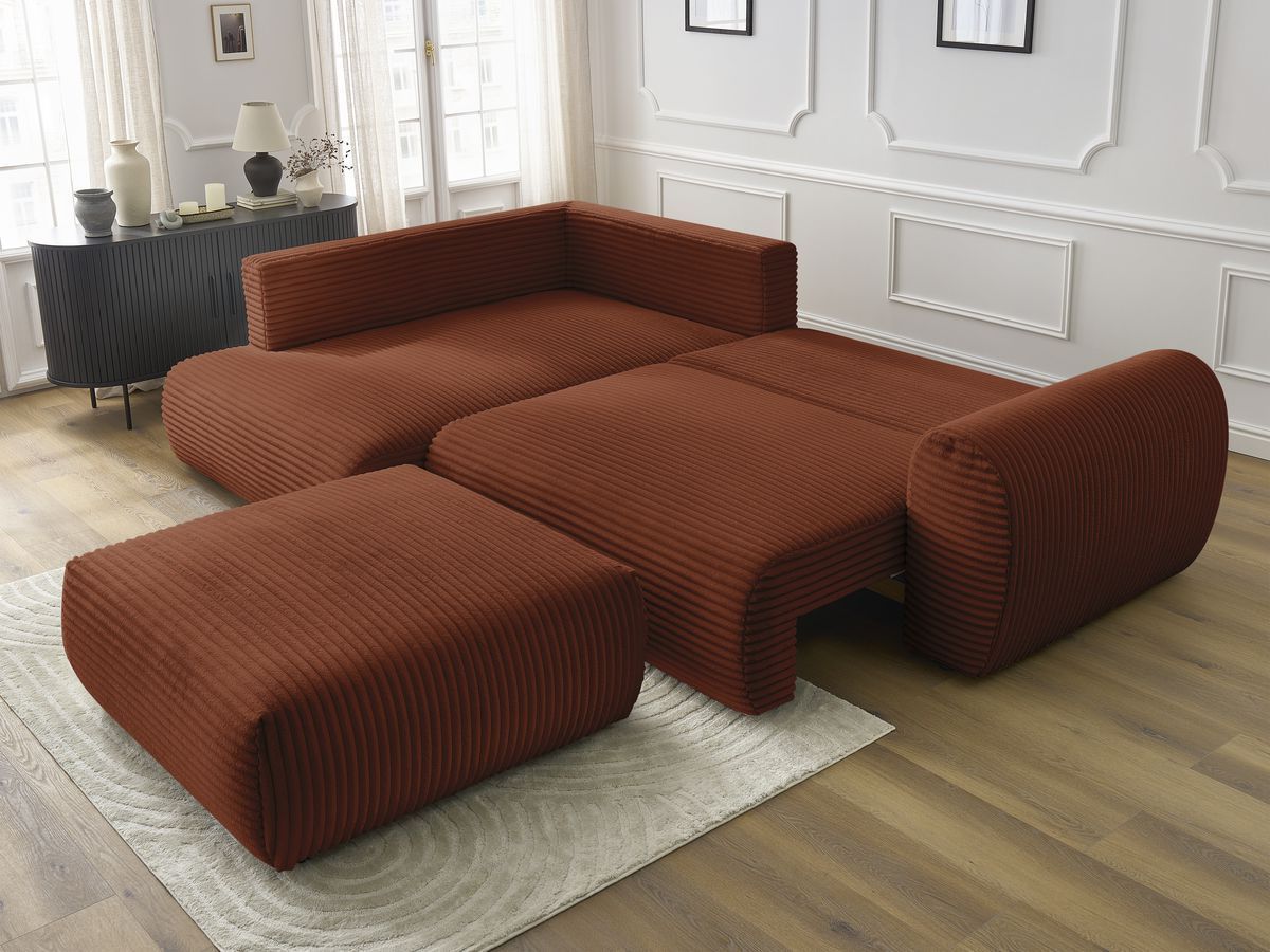 Canapé d'angle L convertible coffre LUCIEN gros côtelé doux avec pouf
