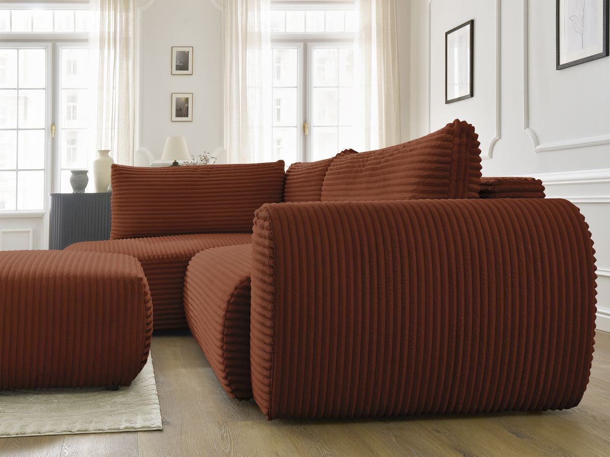 Canapé d'angle L convertible coffre LUCIEN gros côtelé doux avec pouf