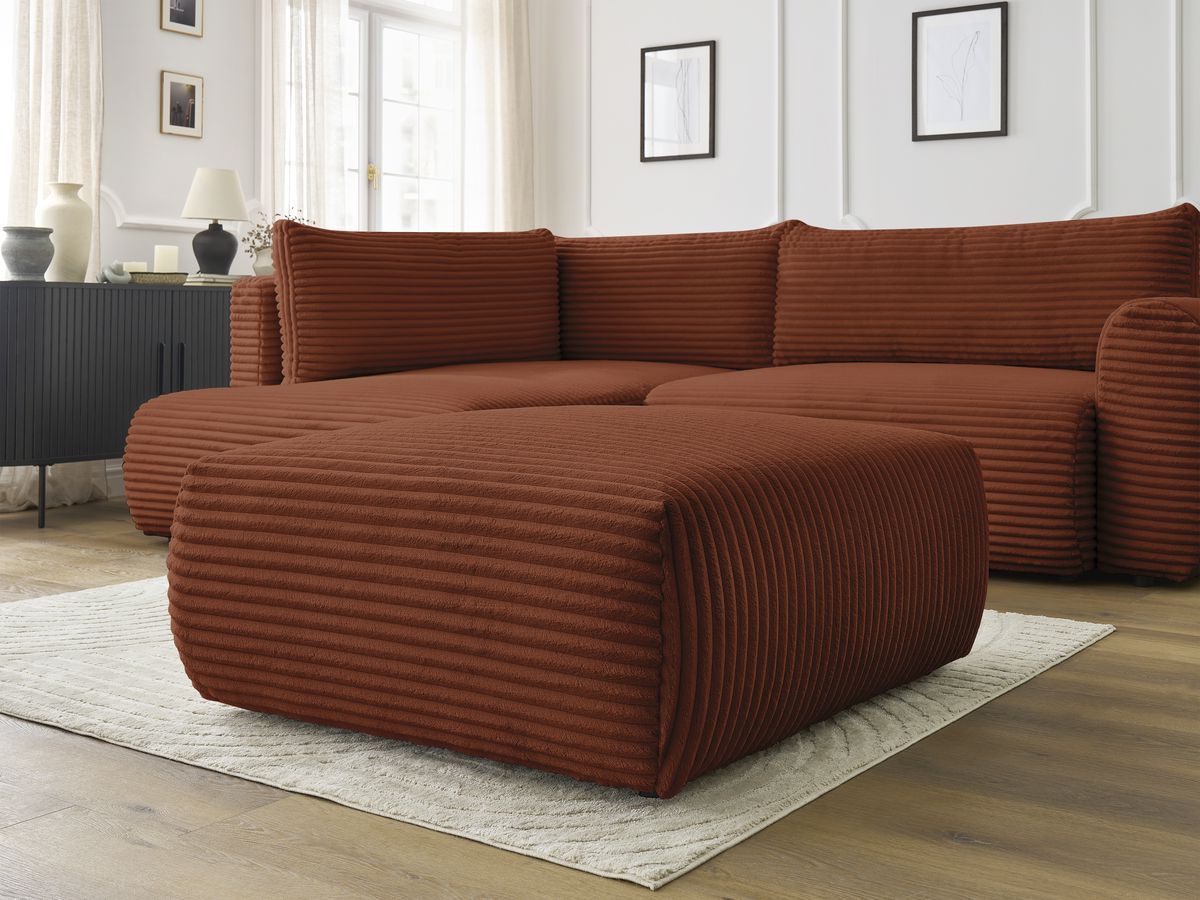 Canapé d'angle L convertible coffre LUCIEN gros côtelé doux avec pouf