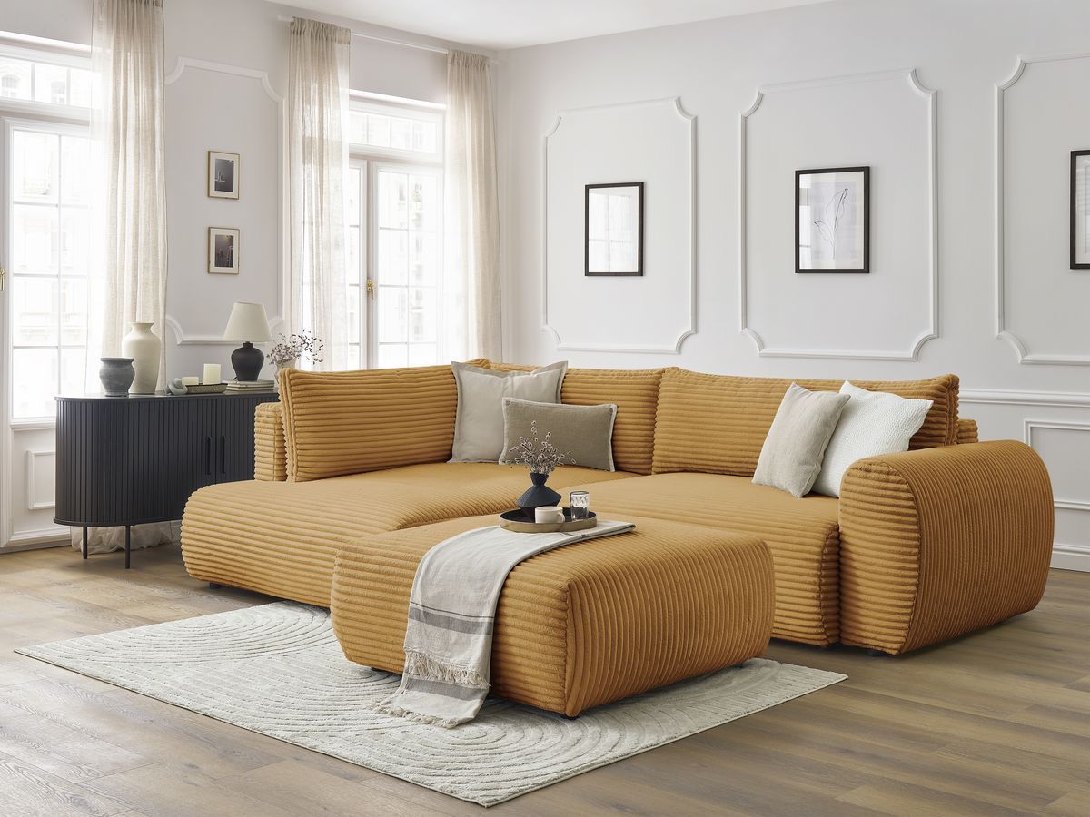 Canapé d'angle L convertible coffre LUCIEN gros côtelé doux avec pouf