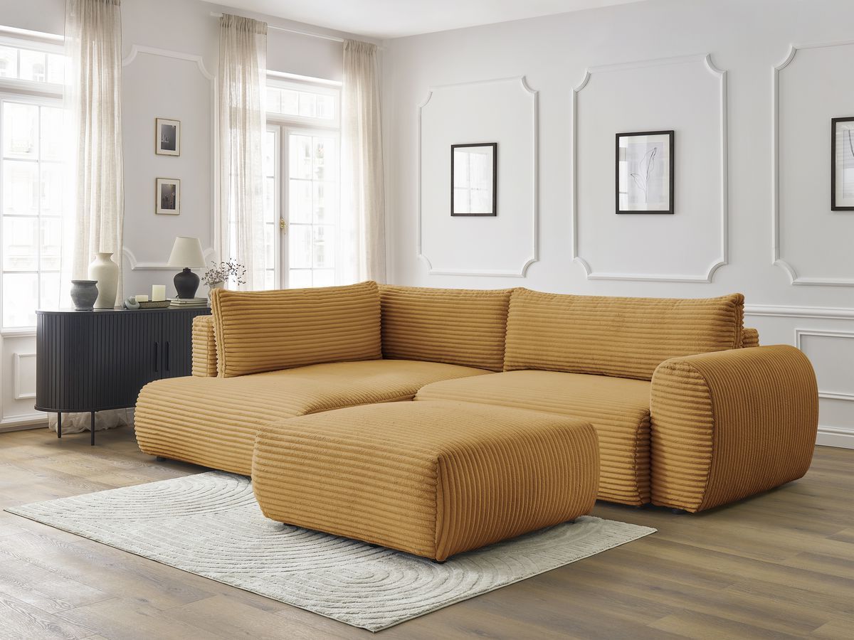 Canapé d'angle L convertible coffre LUCIEN gros côtelé doux avec pouf
