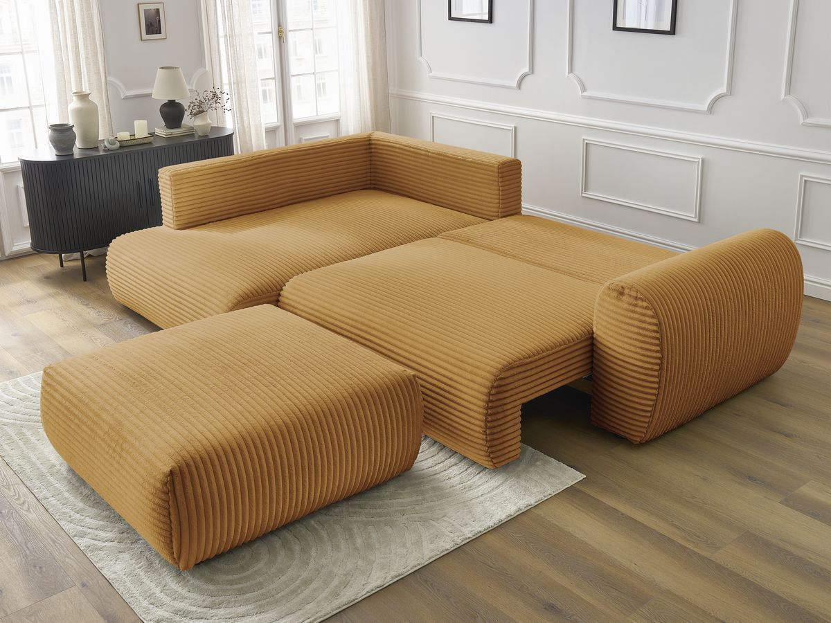 Canapé d'angle L convertible coffre LUCIEN gros côtelé doux avec pouf