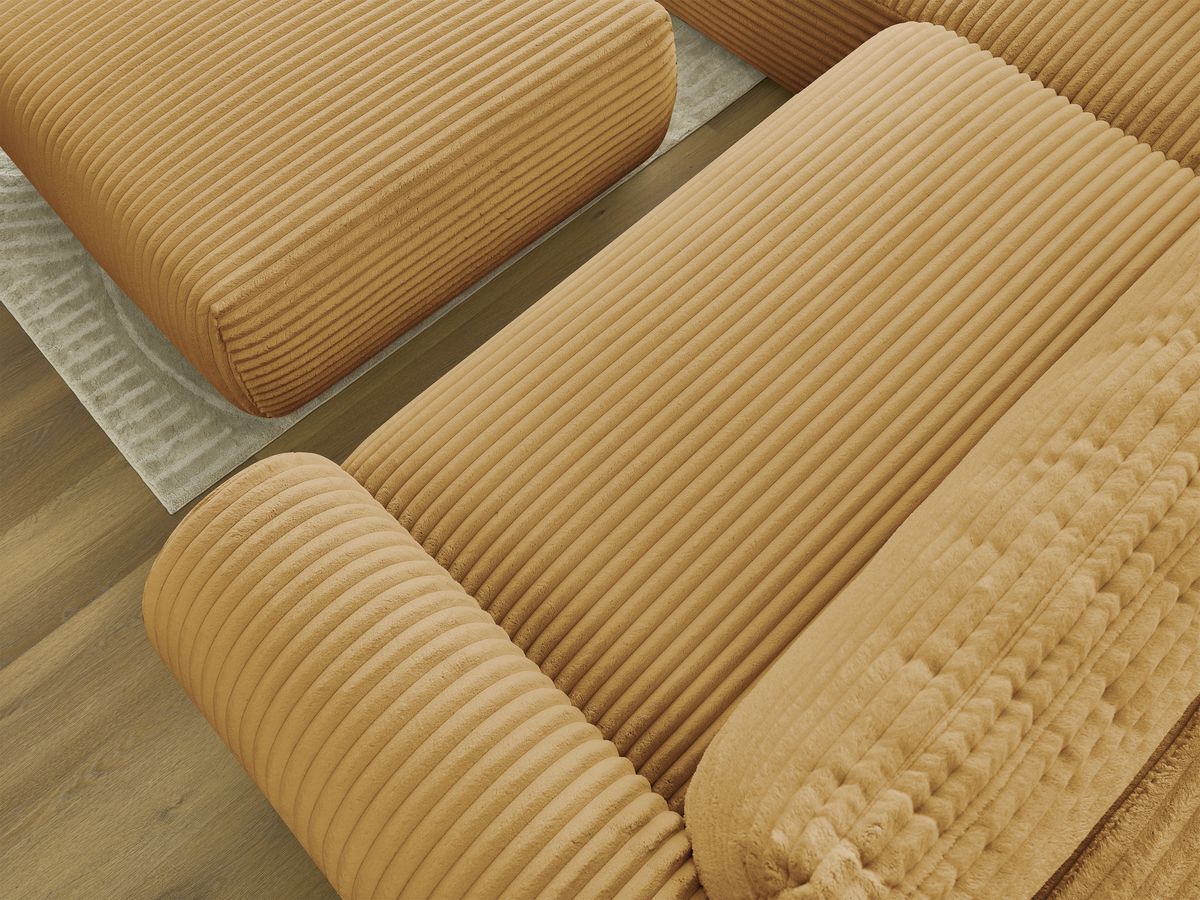 Canapé d'angle L convertible coffre LUCIEN gros côtelé doux avec pouf