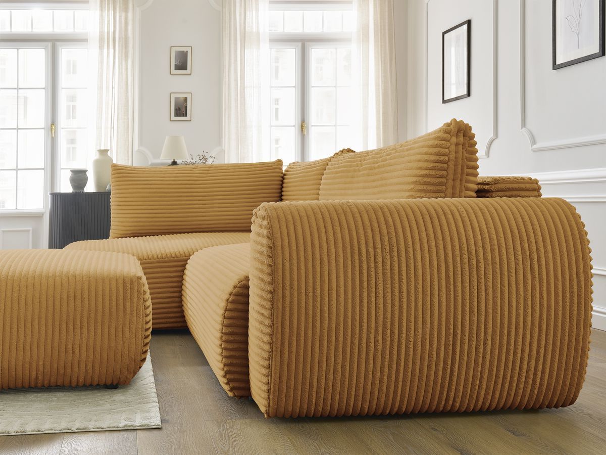 Canapé d'angle L convertible coffre LUCIEN gros côtelé doux avec pouf