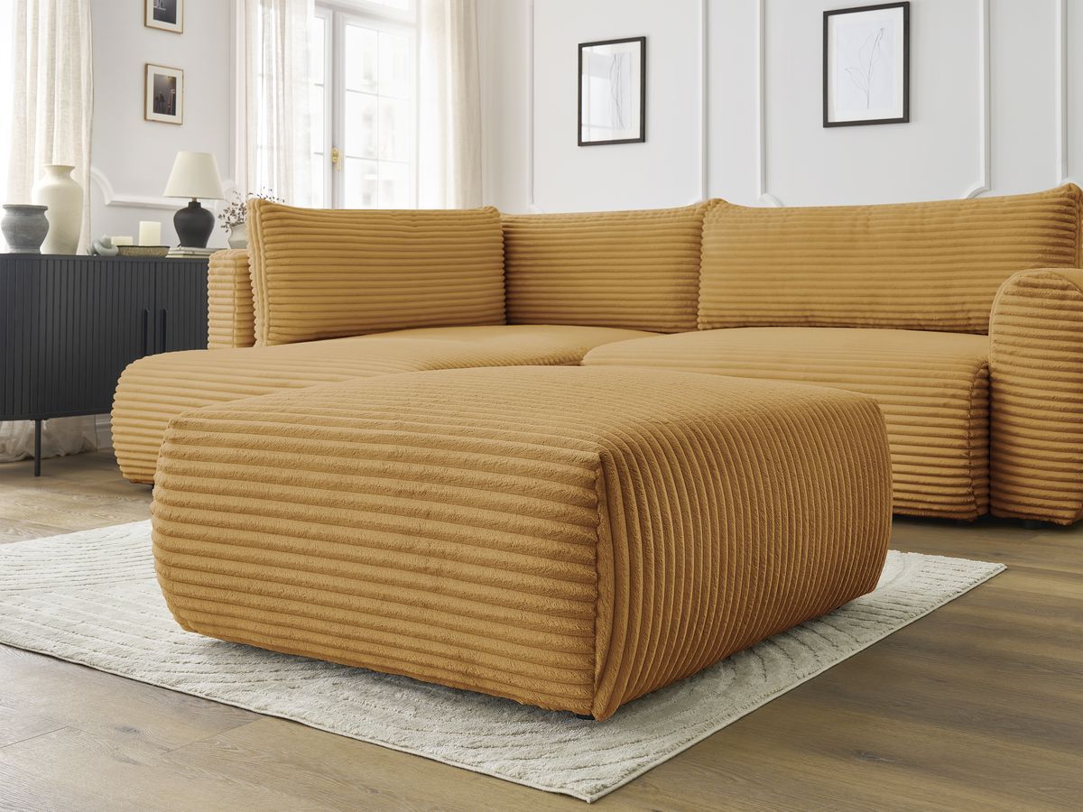 Canapé d'angle L convertible coffre LUCIEN gros côtelé doux avec pouf