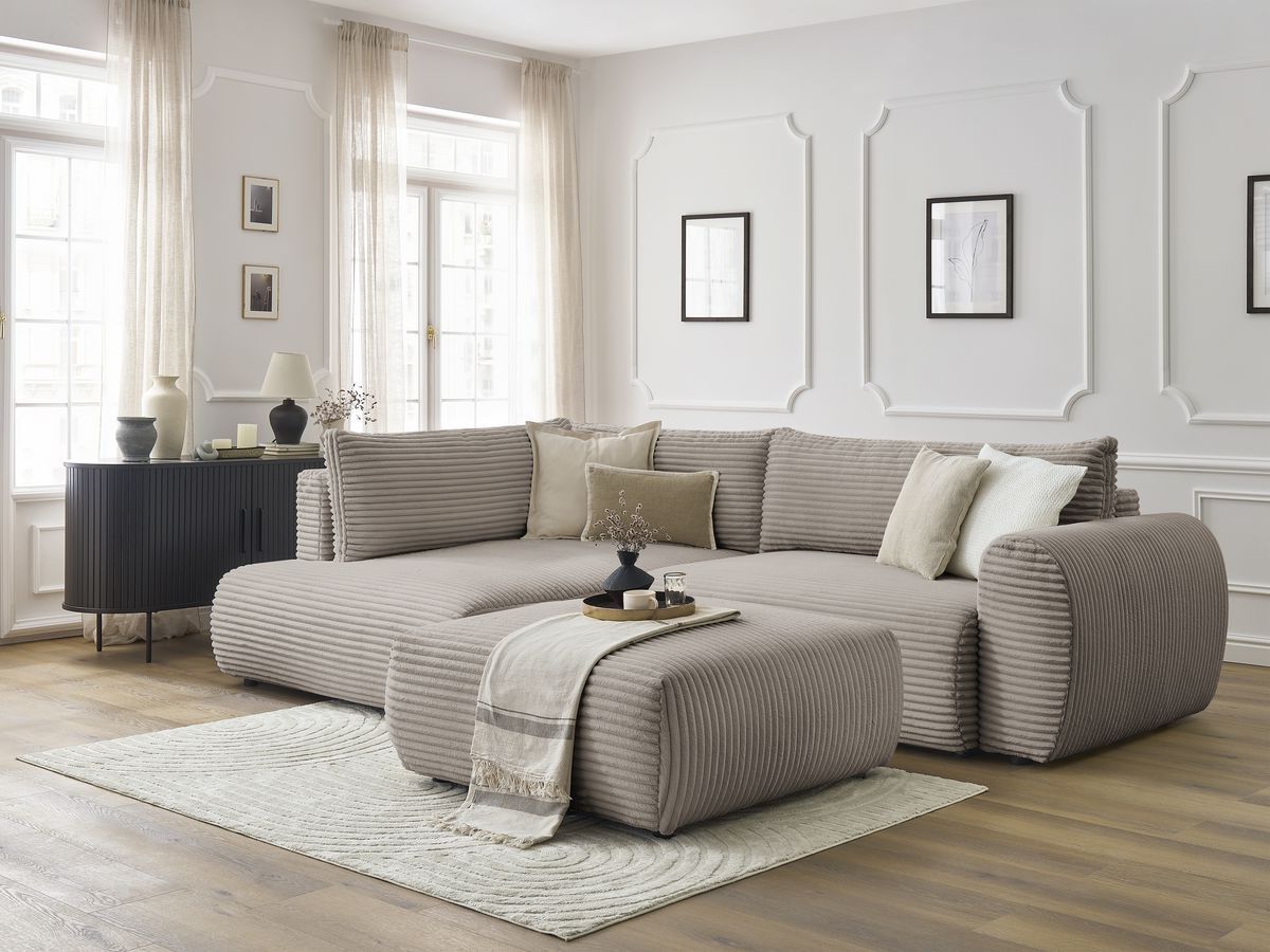 Canapé d'angle L convertible coffre LUCIEN gros côtelé doux avec pouf