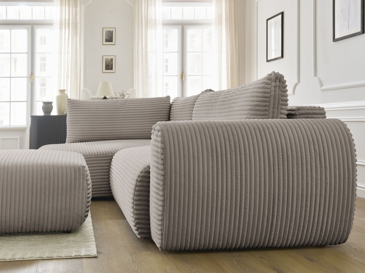 Canapé d'angle L convertible coffre LUCIEN gros côtelé doux avec pouf