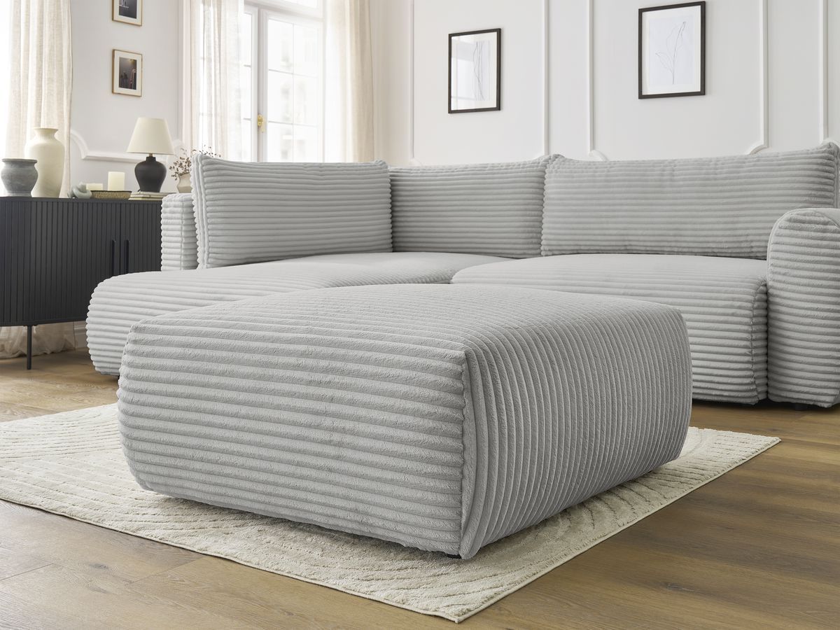 Canapé d'angle L convertible coffre LUCIEN gros côtelé doux avec pouf
