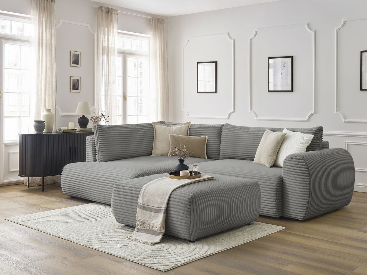 Canapé d'angle L convertible coffre LUCIEN gros côtelé doux avec pouf
