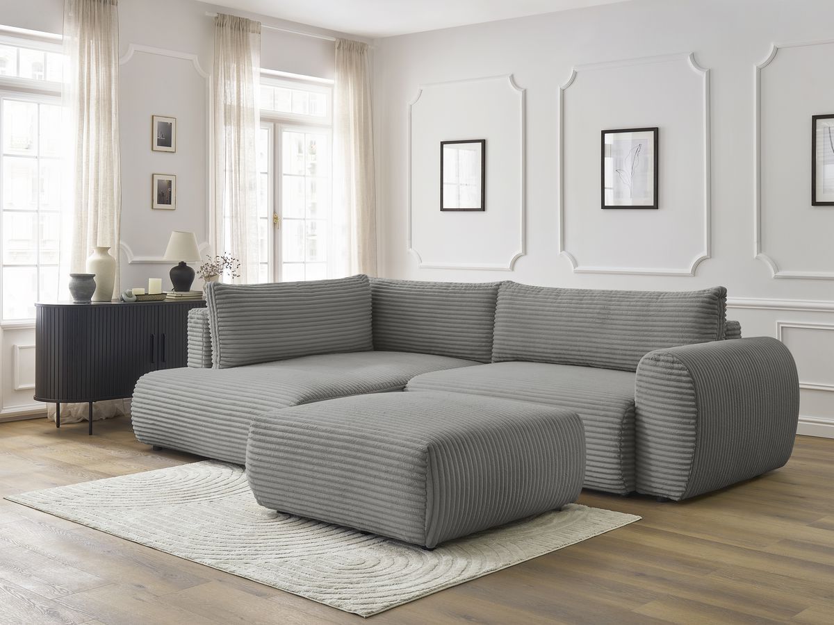 Canapé d'angle L convertible coffre LUCIEN gros côtelé doux avec pouf