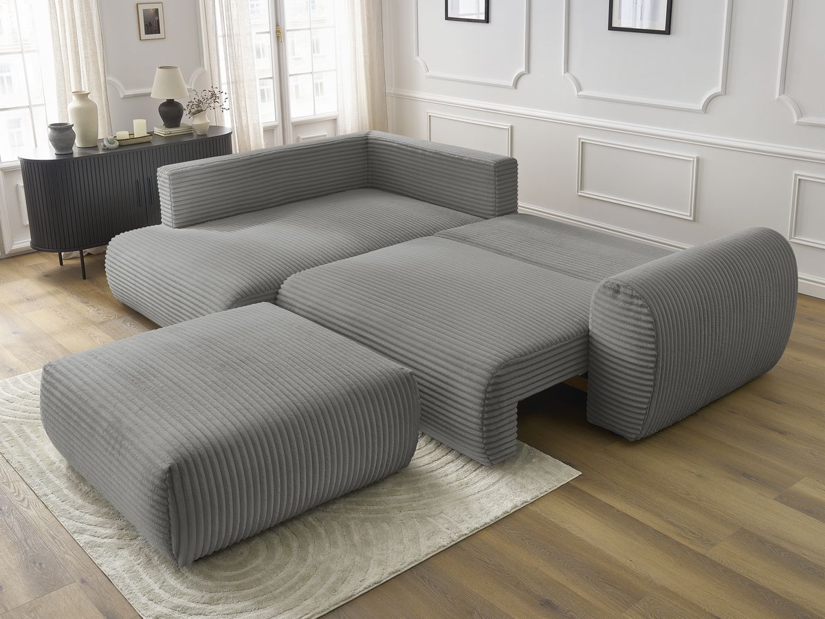 Canapé d'angle L convertible coffre LUCIEN gros côtelé doux avec pouf