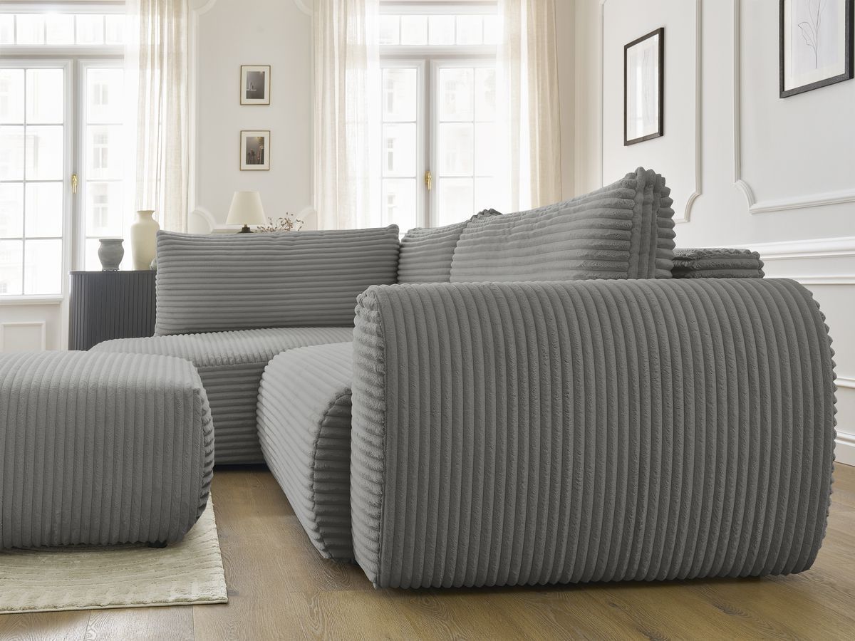 Canapé d'angle L convertible coffre LUCIEN gros côtelé doux avec pouf