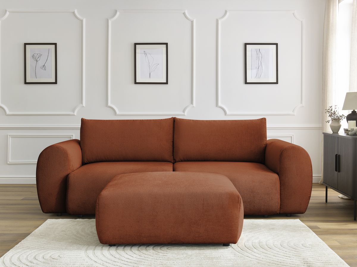 Canapé droit convertible coffre LUCIEN lisse avec pouf orange — vue 5