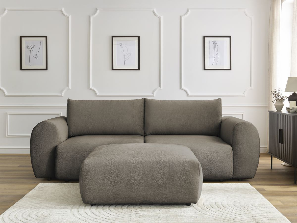 Canapé droit convertible coffre LUCIEN lisse avec pouf taupe — vue 5