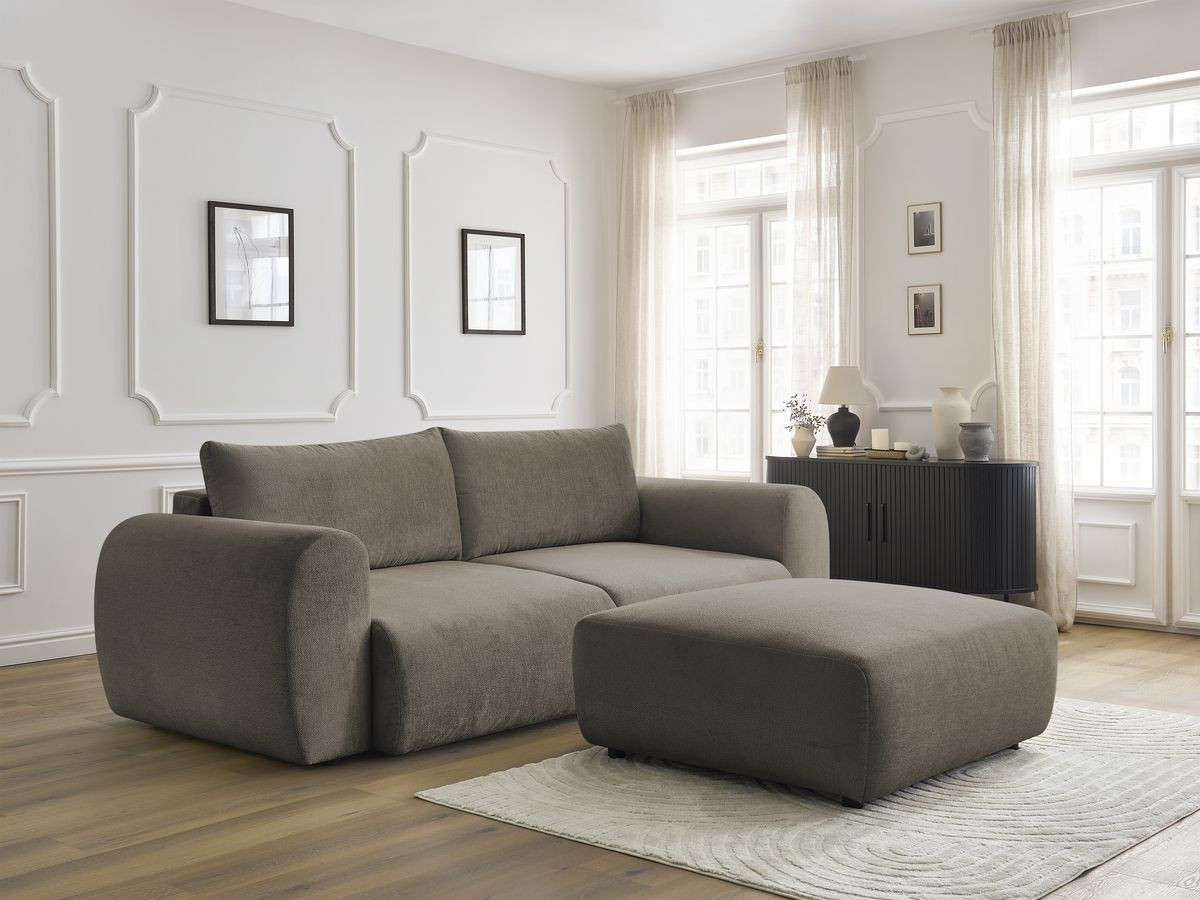 Canapé droit convertible coffre LUCIEN tissu lisse avec pouf