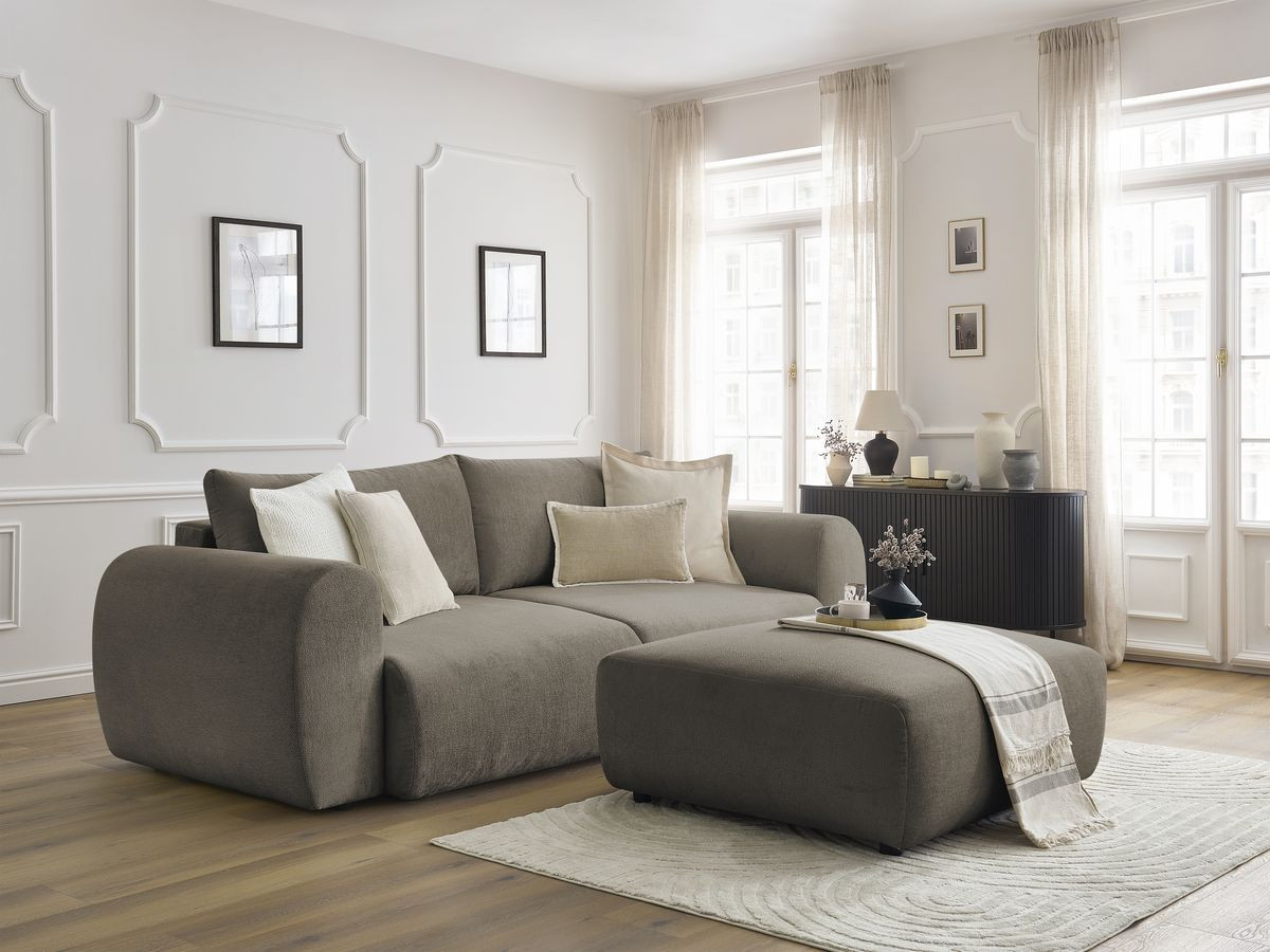 Canapé droit convertible coffre LUCIEN tissu lisse avec pouf