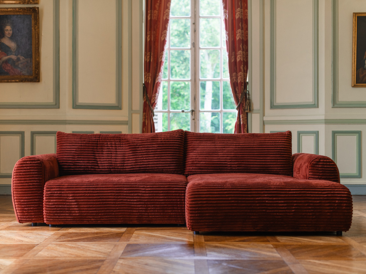 Canapé d'angle fixe EVEREST tissu chiné - Orange - Angle droit - 10 coussins