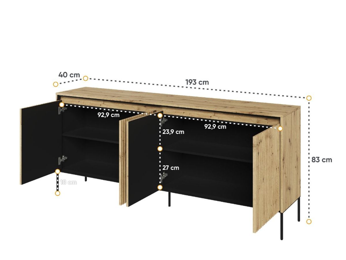 LENARA set met 193 cm dressoir + 193 cm tv-meubel met noppen en led-verlichting