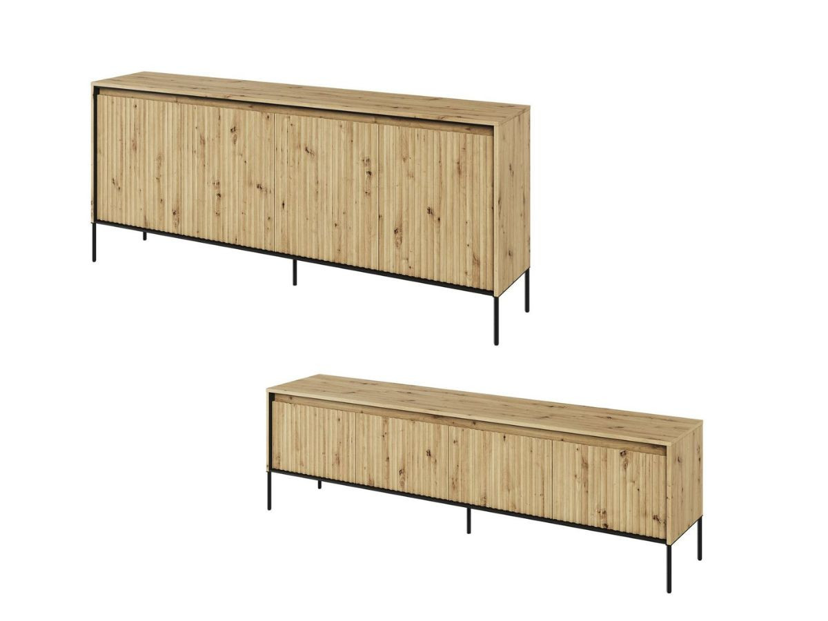 LENARA set met 193 cm dressoir + 193 cm tv-meubel met noppen en led-verlichting