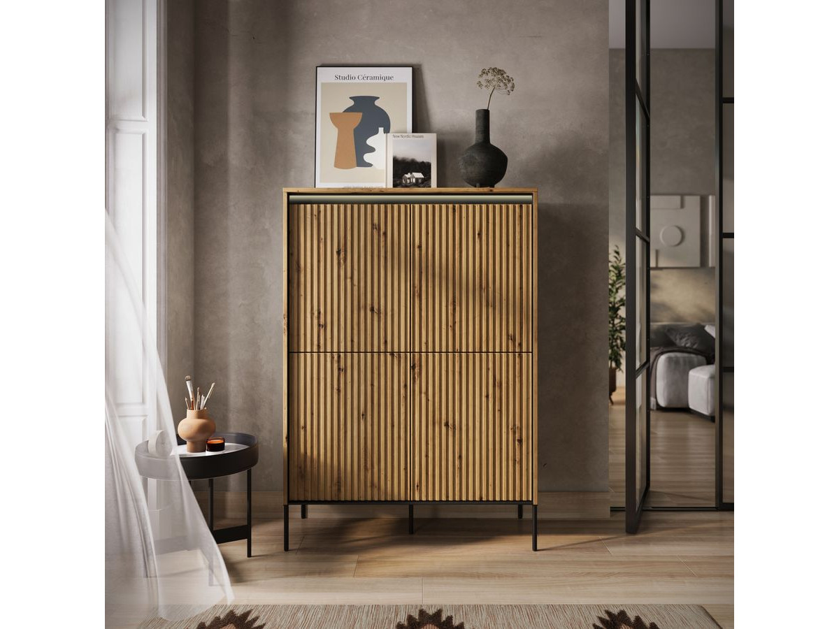 Ensemble LENARA avec buffet haut 100 cm + meuble TV 193 cm avec tasseaux et LED marron clair — vue 4