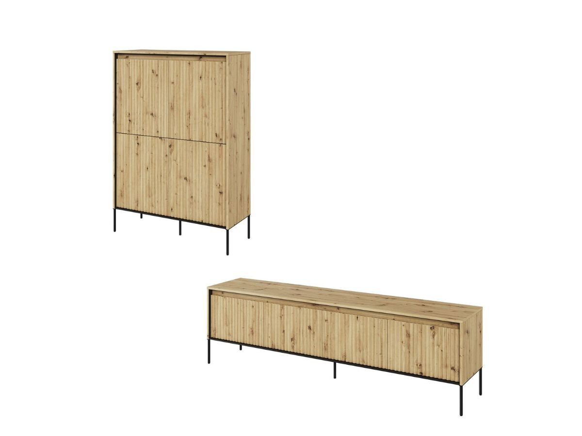 Ensemble LENARA avec buffet haut 100 cm + meuble TV 193 cm avec tasseaux et LED marron clair