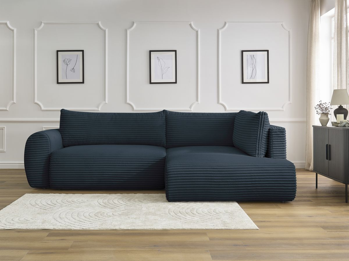 Canapé d'angle L convertible coffre LUCIEN gros côtelé doux bleu foncé — vue 5