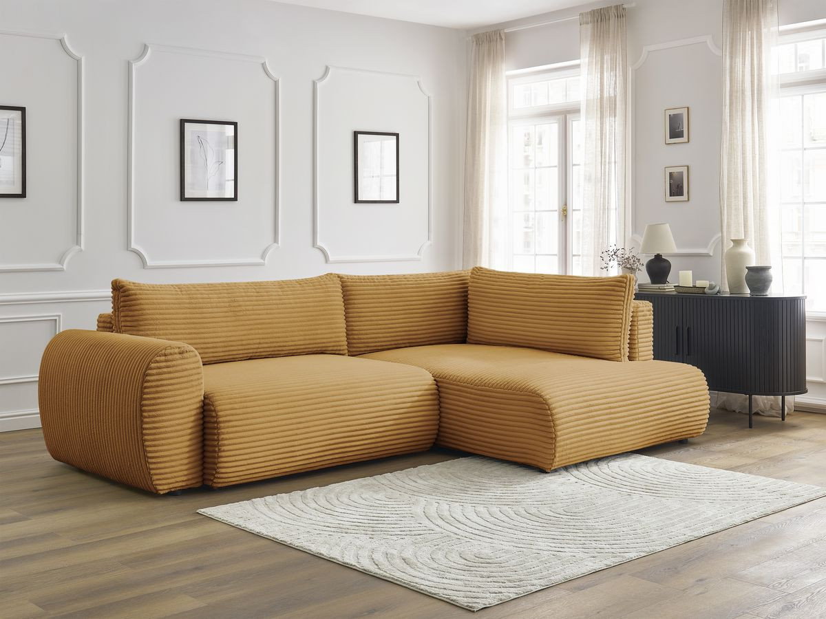 Canapé d'angle fixe EVEREST tissu chiné - Orange - Angle droit - 10 coussins