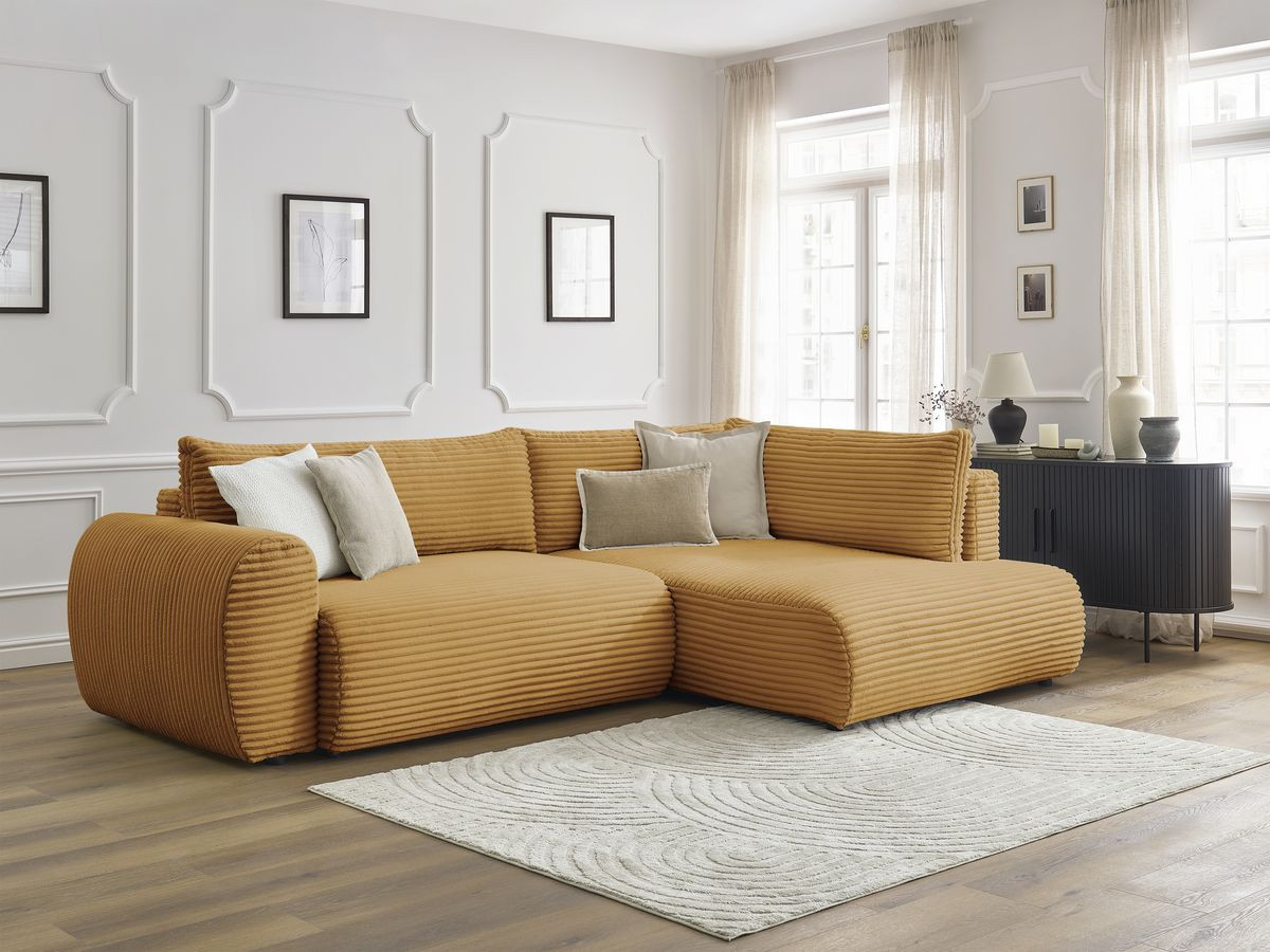 Canapé d'angle fixe EVEREST tissu chiné - Orange - Angle droit - 10 coussins