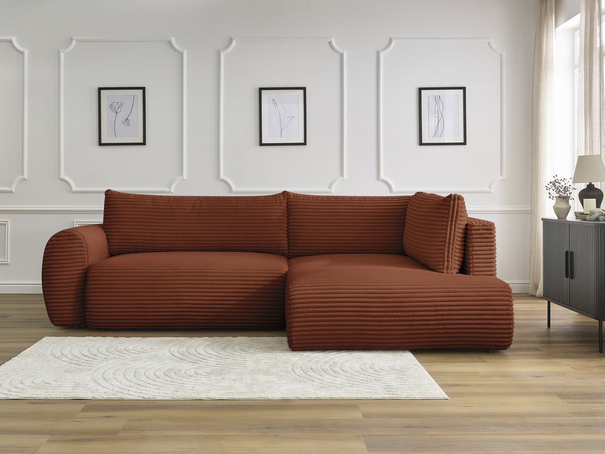 Canapé d'angle L convertible coffre LUCIEN gros côtelé doux orange — vue 5