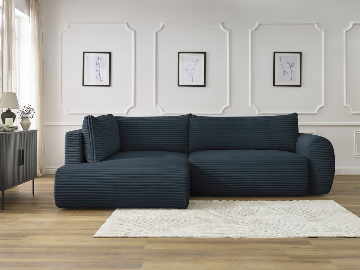 Canapé d'angle L convertible coffre LUCIEN gros côtelé doux bleu foncé angle gauche BOBOCHIC 3 places - Vue supplémentaire 3