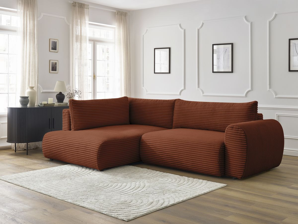 Canapé d'angle fixe EVEREST tissu chiné - Orange - Angle droit - 10 coussins