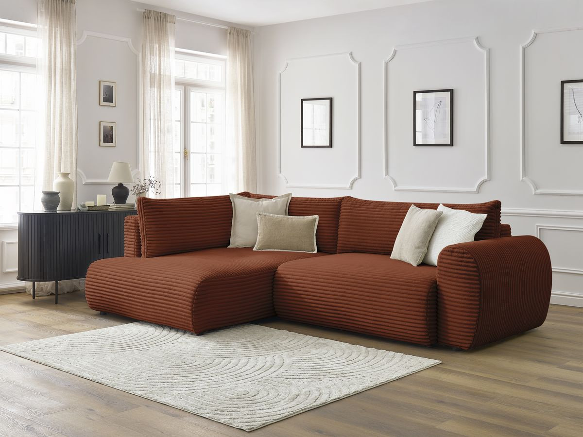 Canapé d'angle fixe EVEREST tissu chiné - Orange - Angle droit - 10 coussins