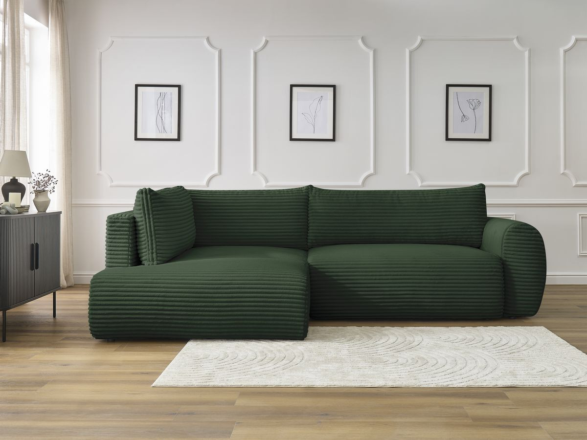 Canapé d'angle L convertible coffre LUCIEN gros côtelé doux vert angle gauche BOBOCHIC 3 places - Vue supplémentaire 3