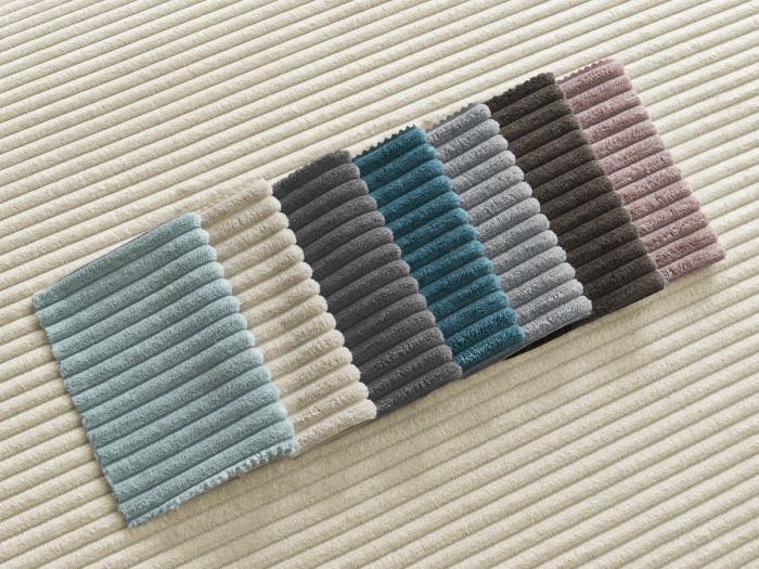 Nuancier des différentes couleurs disponibles du canapé Rousseau: beige, gris, bleu.