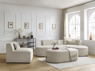 Canapé d'angle fixe modulable ROUSSEAU tissu chiné avec 1 chauffeuse et 1 pouf