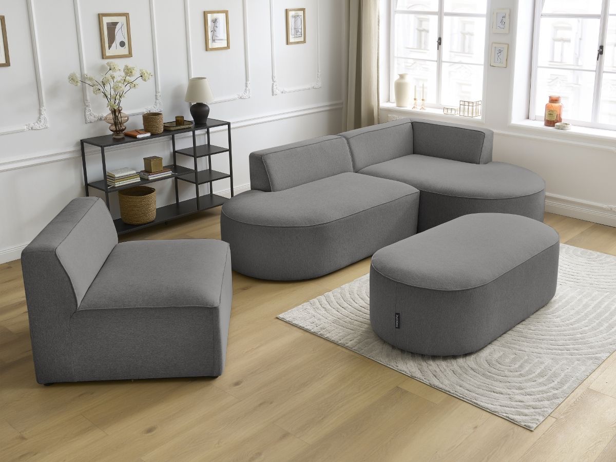 Canapé d'angle fixe modulable ROUSSEAU tissu chiné avec 1 chauffeuse et 1 pouf