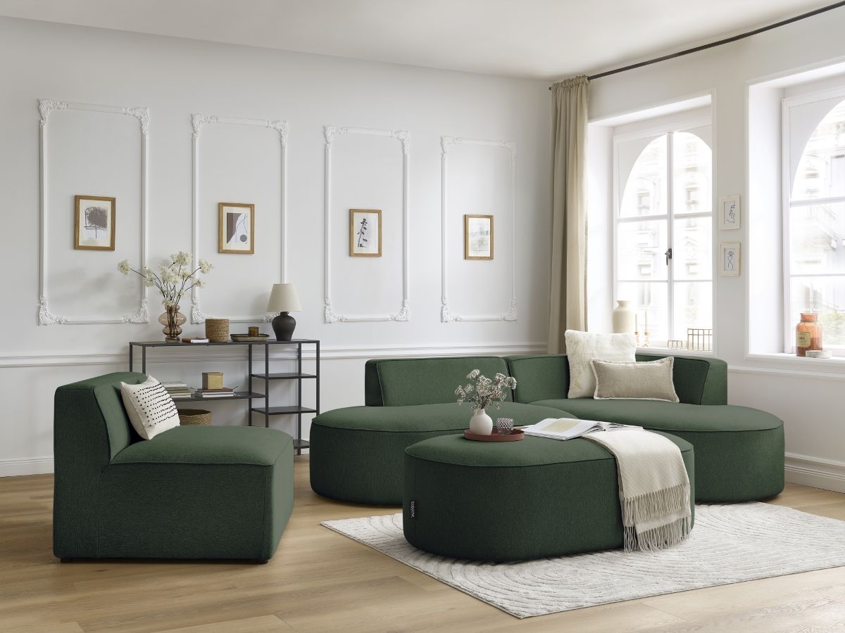 ROUSSEAU modulaire vaste hoekbank in gemêleerde stof met 1 fauteuil en 1 poef