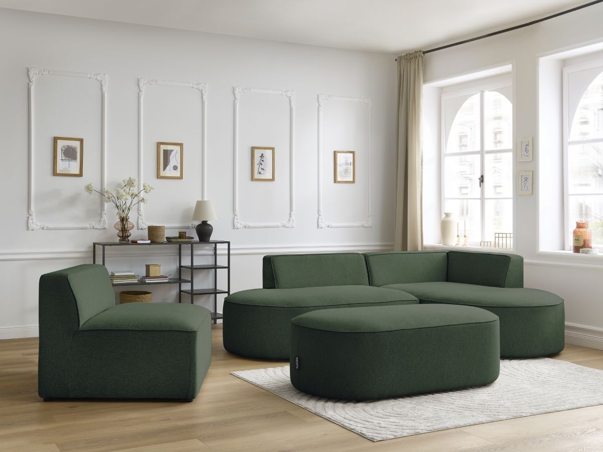 ROUSSEAU modulaire vaste hoekbank in gemêleerde stof met 1 fauteuil en 1 poef